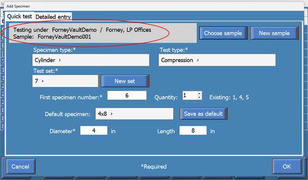 The Quick test screen showing Project and Location on the first line and the complete Sample number on the second line.