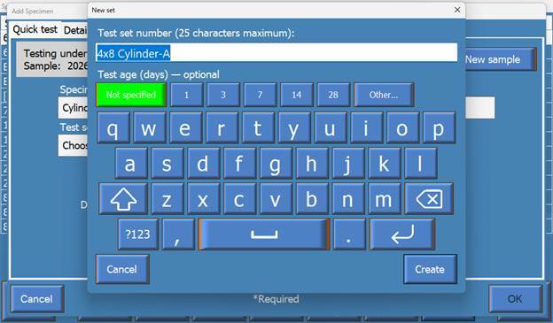 The New set dialog with an editable set number and optional test-age choices.