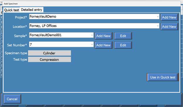 Detailed entry with a selected Project and Location, optional Sample and Test set controls, and Use in Quick test.