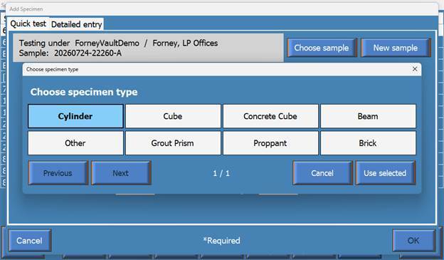 A touch-friendly list of configured specimen types in ForneyLink.